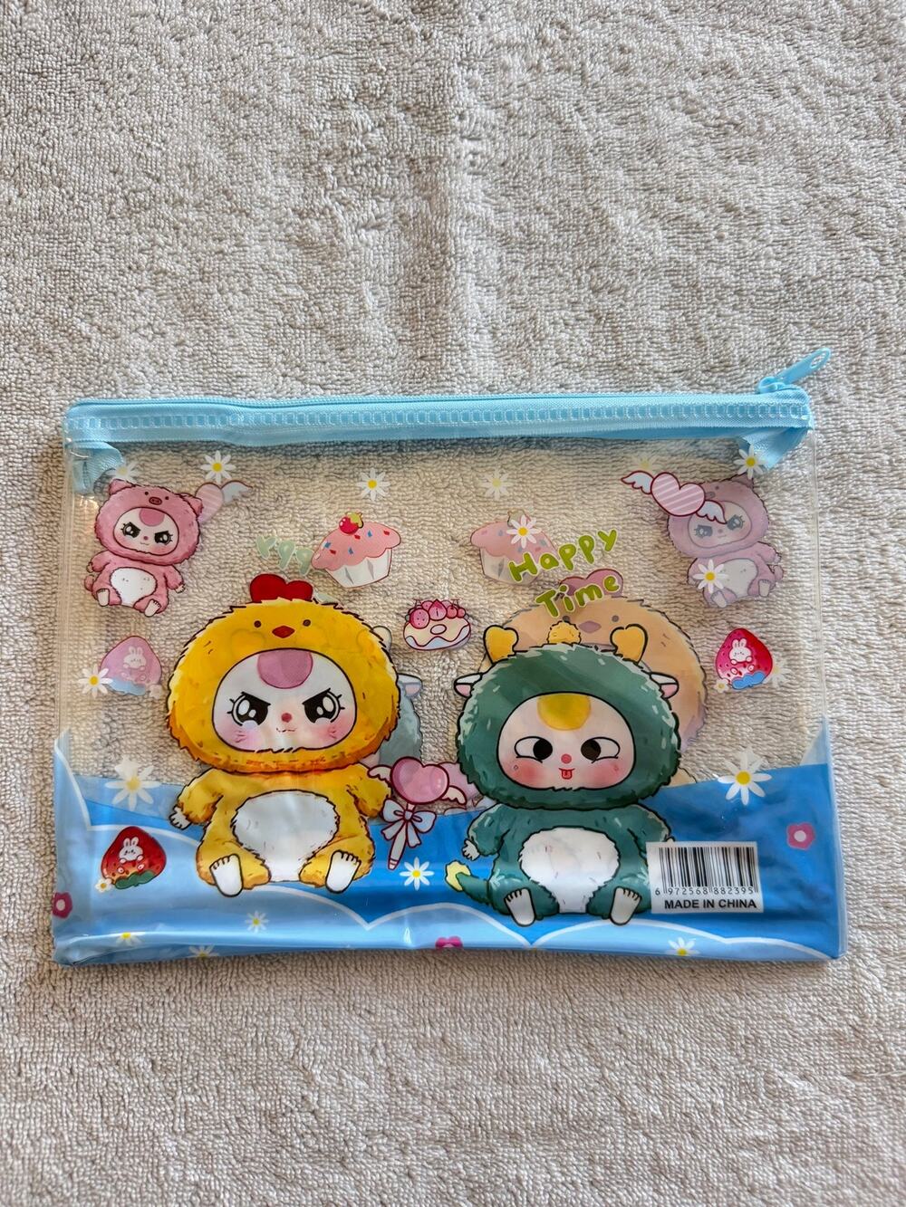 Baby Three transparent pouch purse blue trim zipper  cute kawaii design
